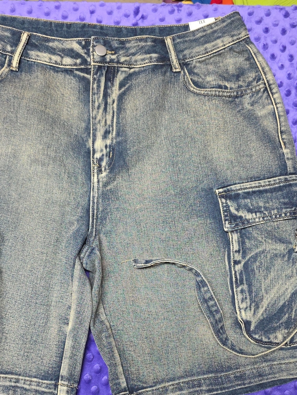 Women's Washed Blue Denim Cargo Jeans Shorts